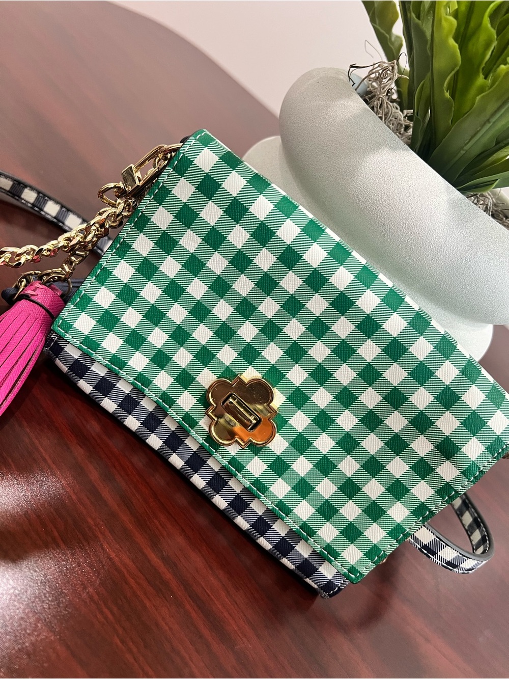 crown & ivy Green and White Gingham Crossbody with Pink Tassel
